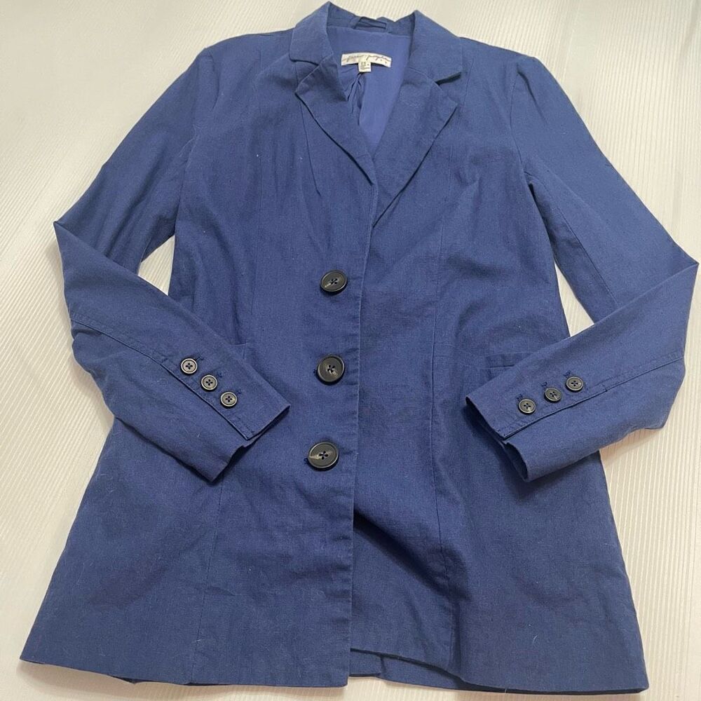 Free People Marni Navy Blue Linen 3 Button Blazer Jacket Size XS